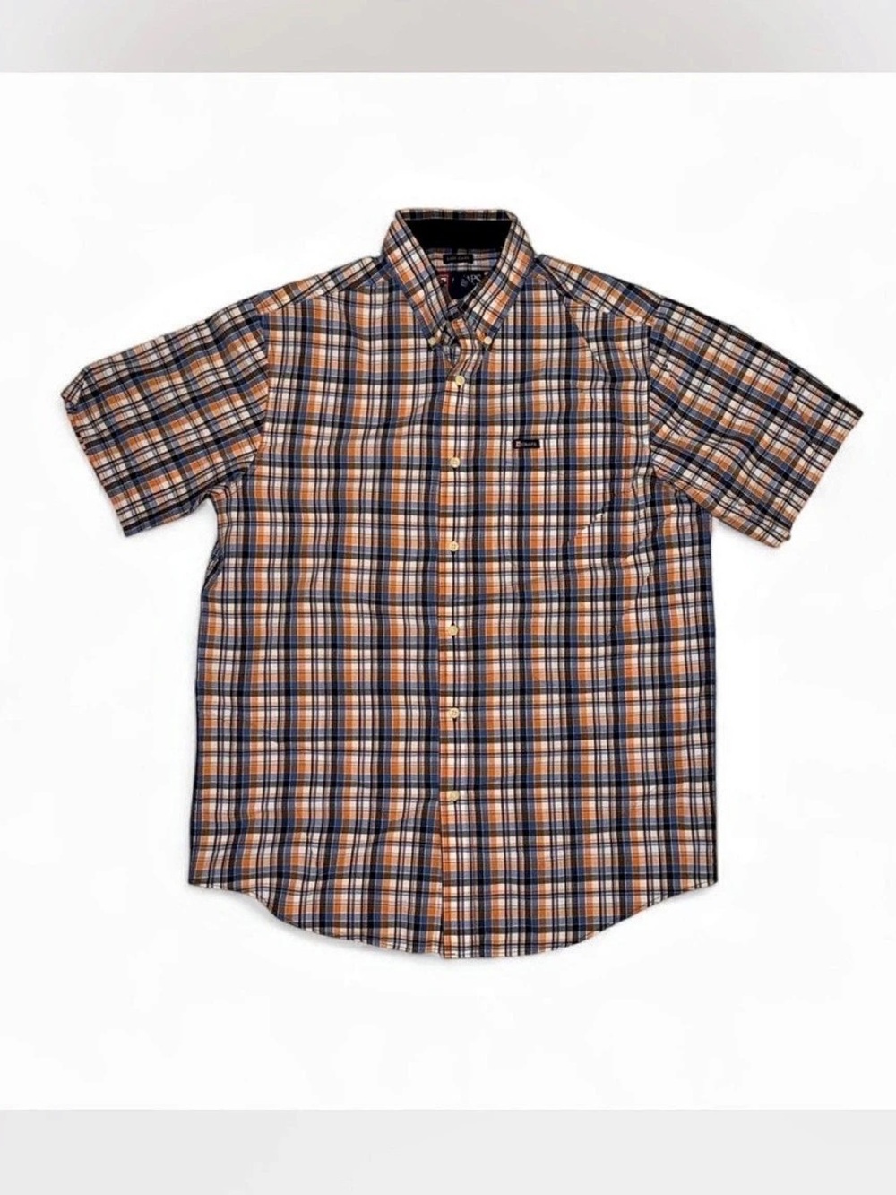 Chaps Easy Care Short Sleeve Plaid Button Down Shirt Blue & Orange Medium
